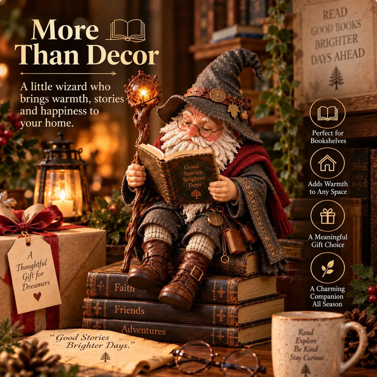 🧙♂️✨ Enchanted Book Lover Figurine – Whimsical Fantasy Reader Decor for Shelves, Desks & Cozy Reading Corners