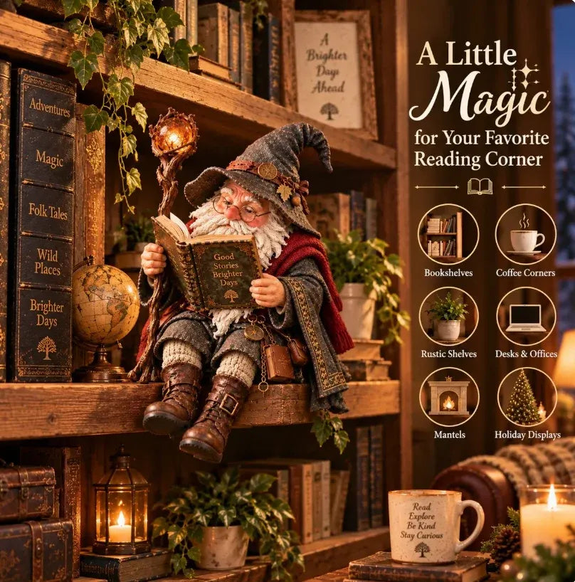 🧙♂️✨ Enchanted Book Lover Figurine – Whimsical Fantasy Reader Decor for Shelves, Desks & Cozy Reading Corners