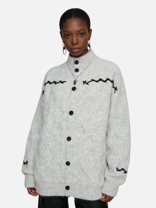 Haaura Contrast-Stitch Diamond Knit Cardigan