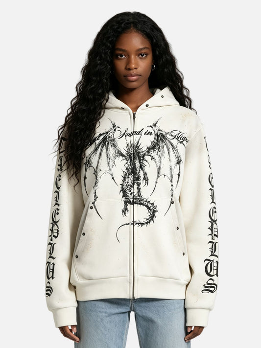 Haaura Boxy Dragon Graphic Gothic Sleeve Studded Zip Up Hoodie