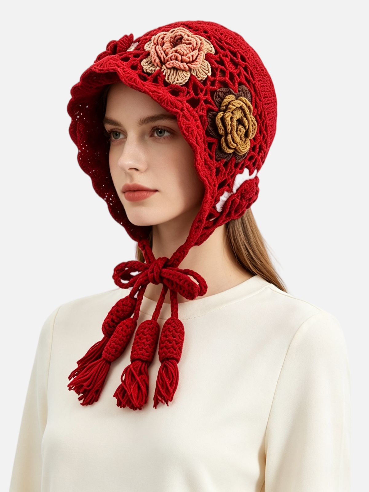 Crochet Floral Appliqué Ear-Flap Beanie
