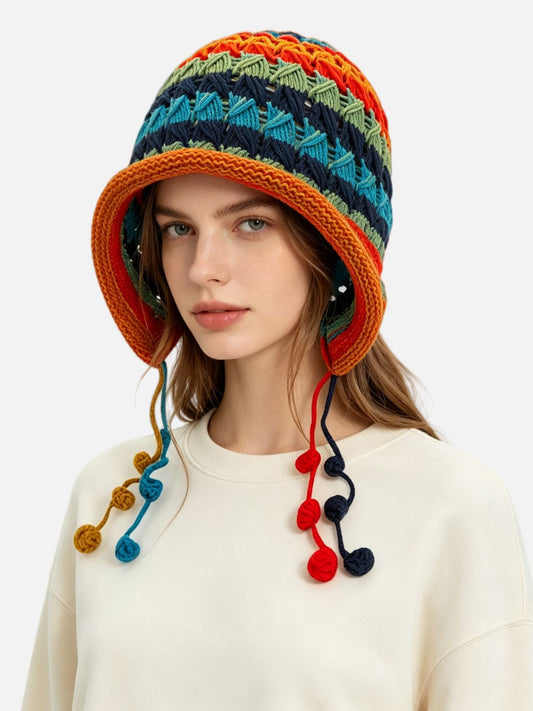 Striped Knit Braided Tie Ear-Flap Beanie