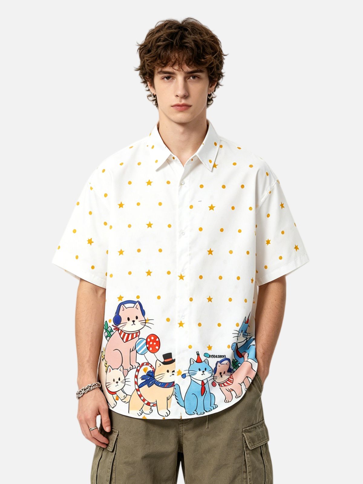 Haaura Cat Print Fake Tie Detail Bowling Shirt
