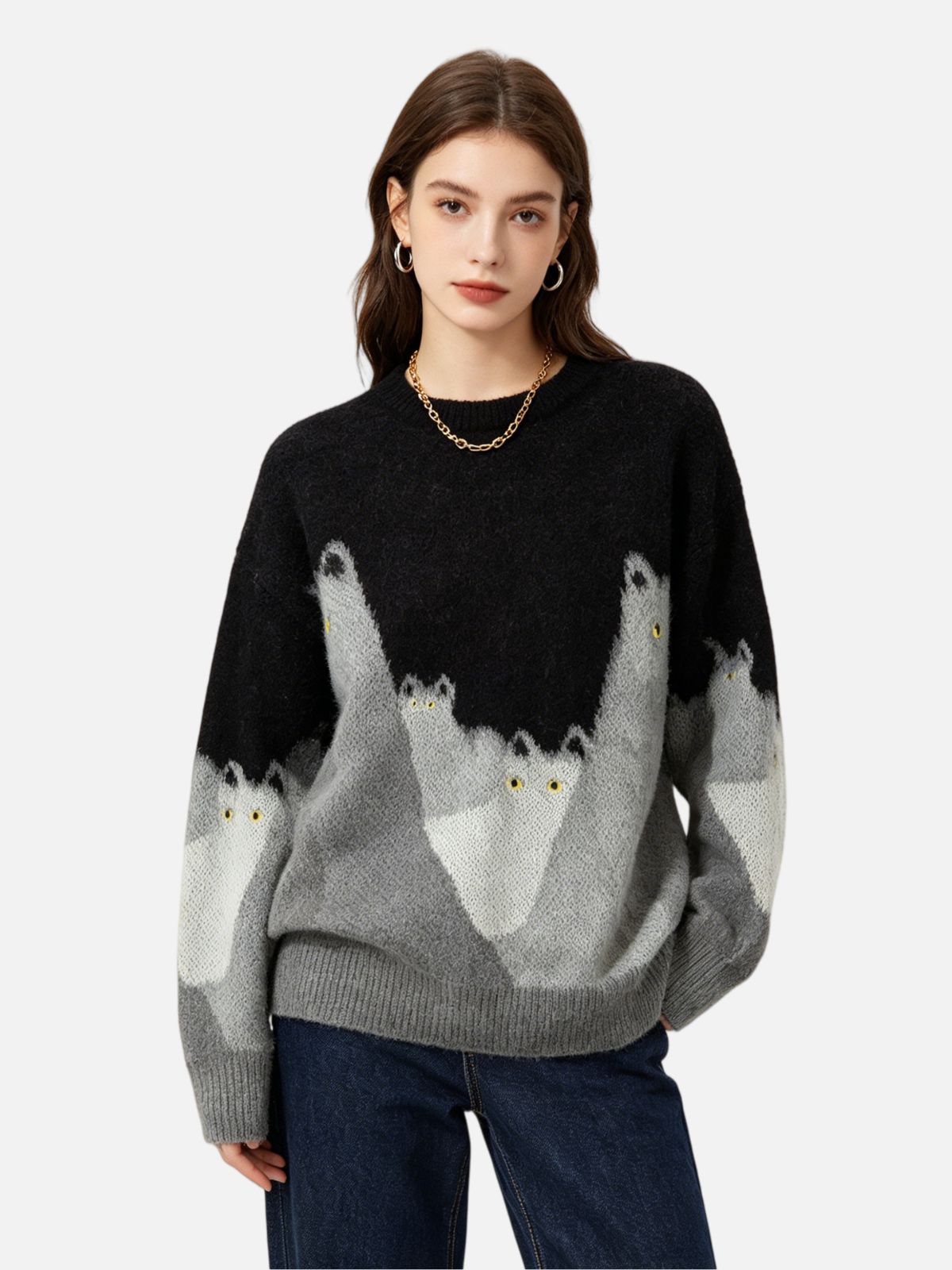 Haaura Cat Graphic Oversized Knit Sweater