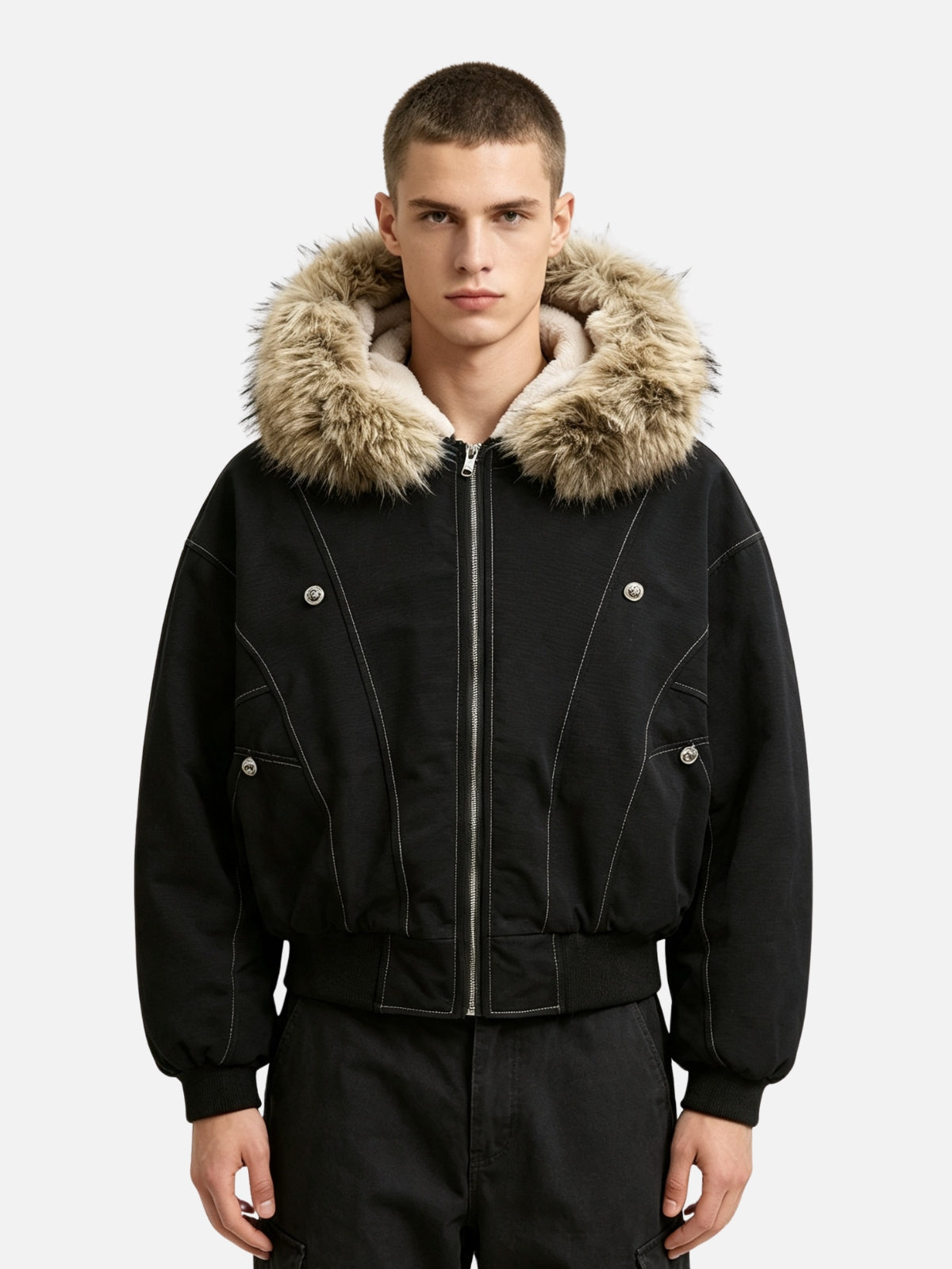 Haaura Faux Fur Trim Contrast Stitch Jacket