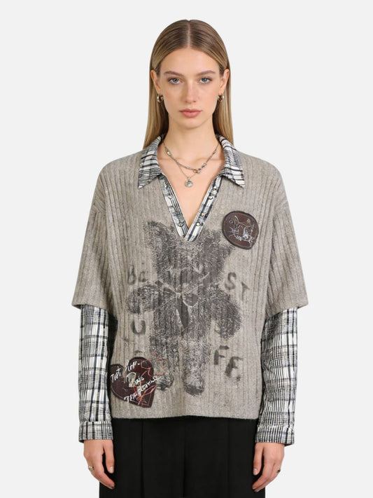 Haaura Bear-Print Patchwork Knit Sweater