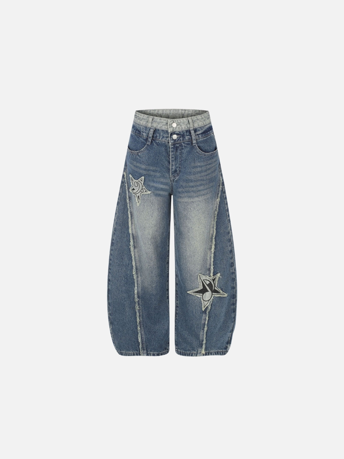 Haaura Contrast Waist Frayed Star Baggy Jeans