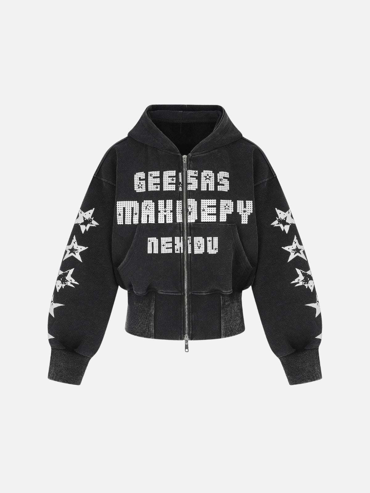 Haaura Washed Rhinestone Star Zip Up Hoodie