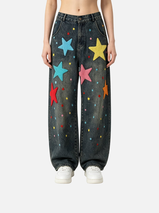 Haaura Colorful Star Patch Baggy Jeans