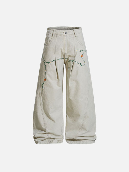 Haaura Botanical Floral Embroidery Baggy Pants