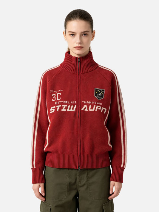 Haaura Boxy Contrast Stripe Knit Graphic Zip-Up Jacket
