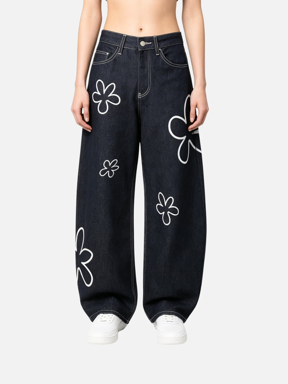 Haaura Line Art Floral Baggy Barrel Jeans