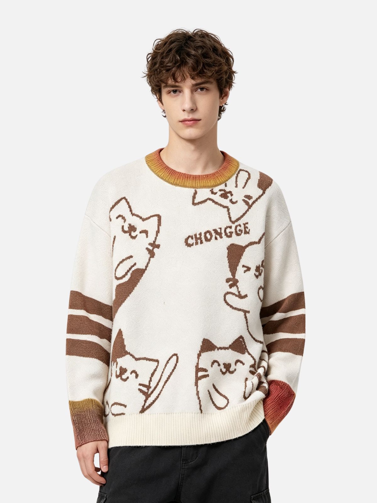 Haaura Line Art Cat Stripe Sweater
