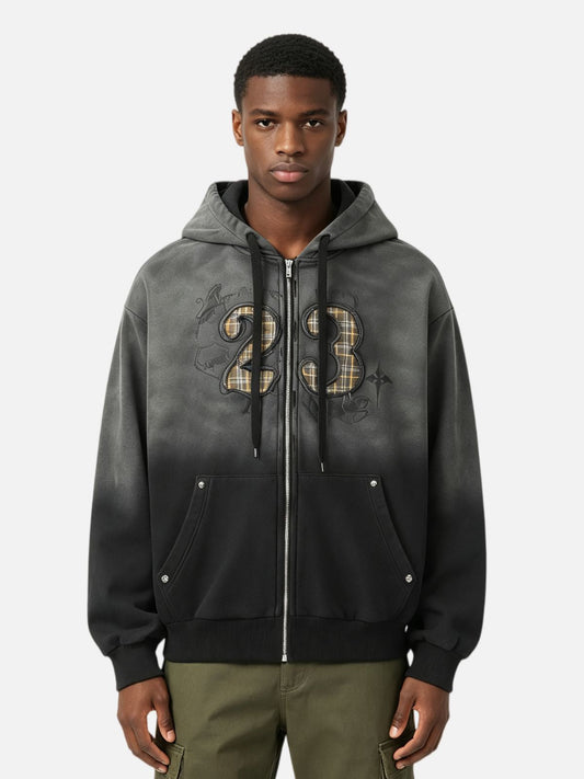 Haaura Boxy Acid Wash Plaid Number Patch Zip Up Hoodie