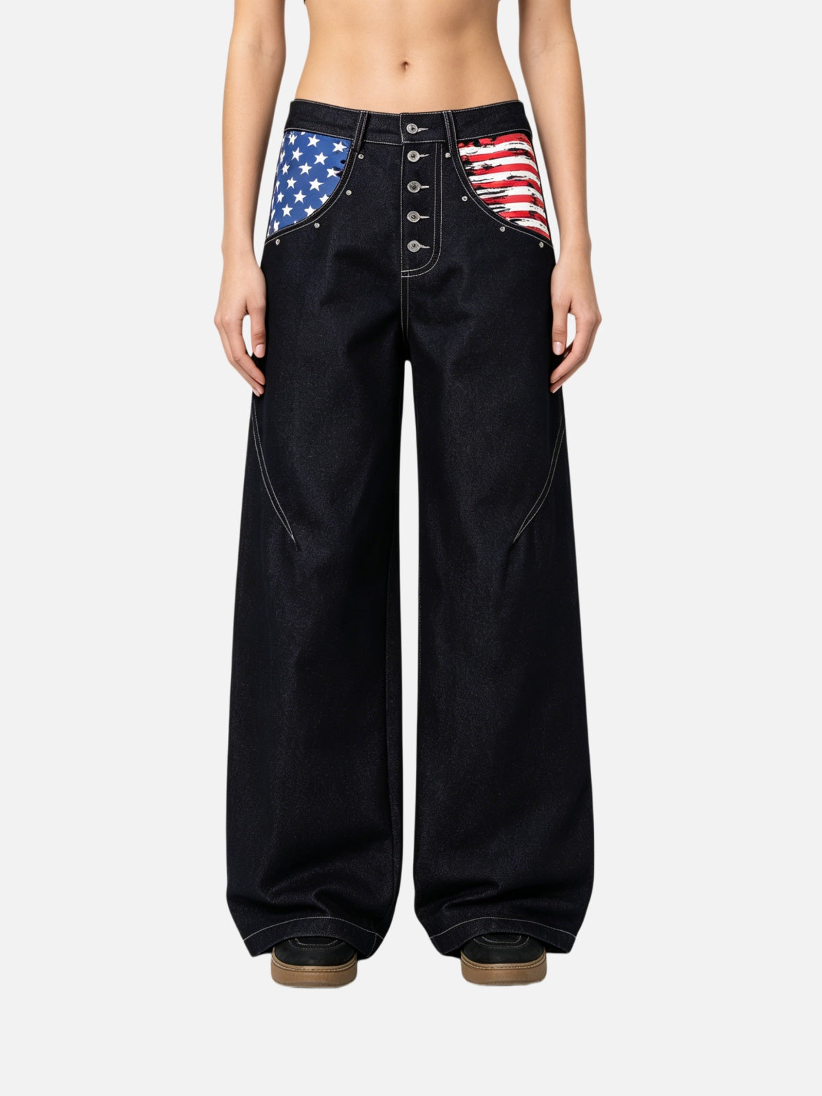 Haaura Flag Graphic Pocket Button-Fly Baggy Jeans