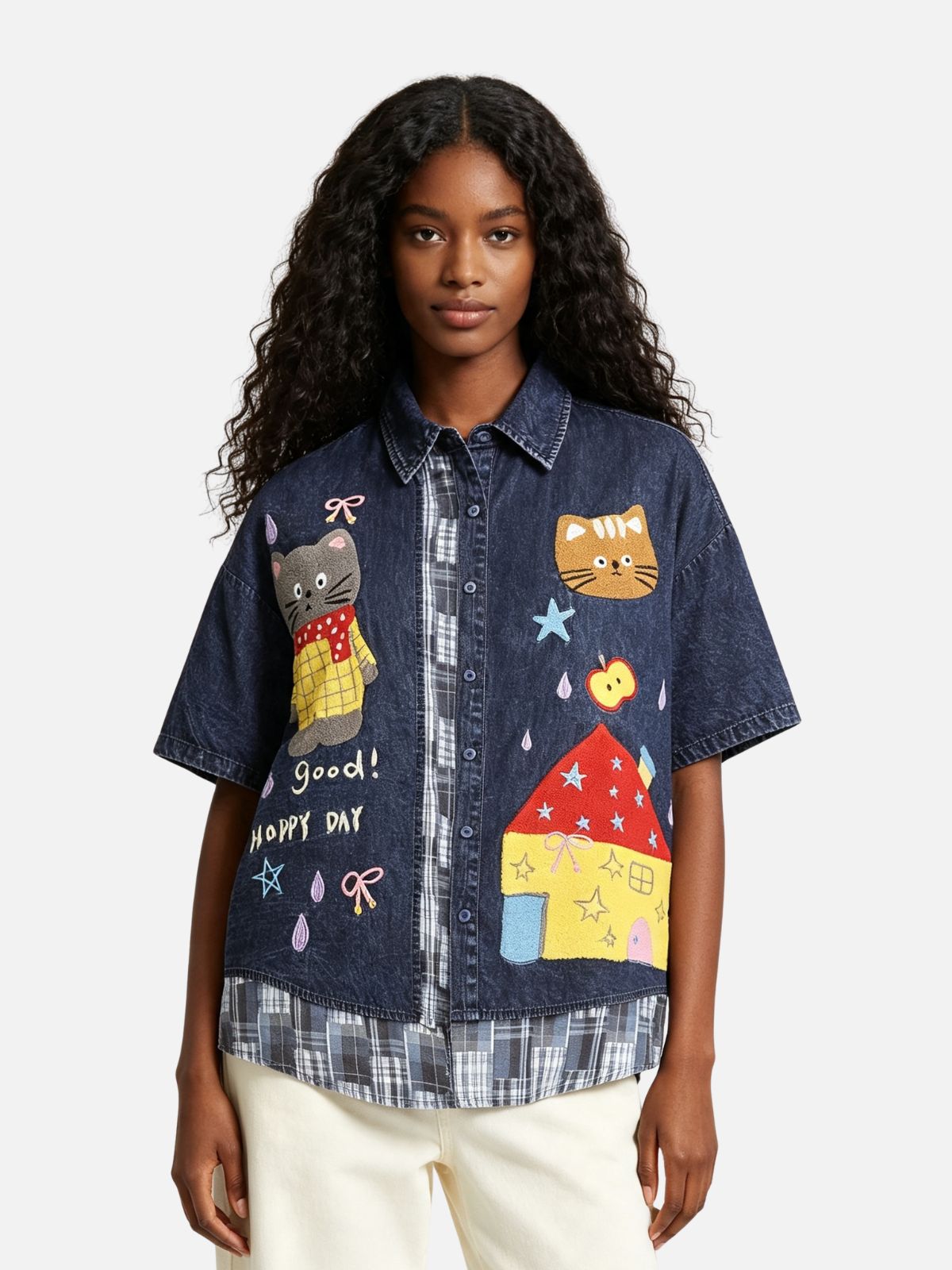Haaura Cartoon Patchwork Denim Shirt