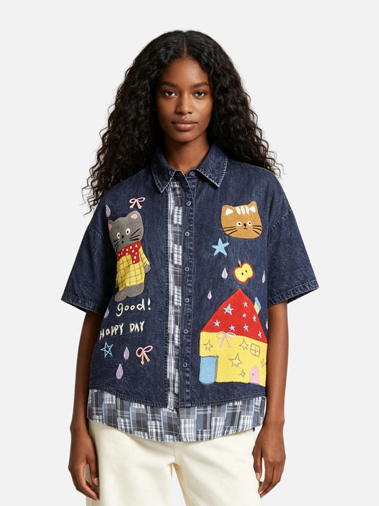 Haaura Cartoon Patchwork Denim Shirt