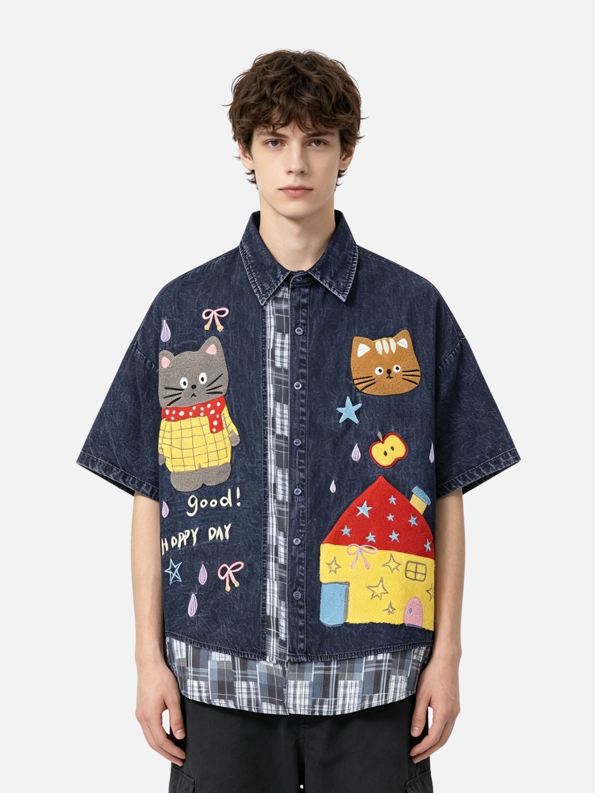Haaura Cartoon Patchwork Denim Shirt