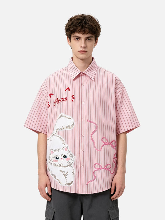 Haaura Cat Applique Striped Shirt