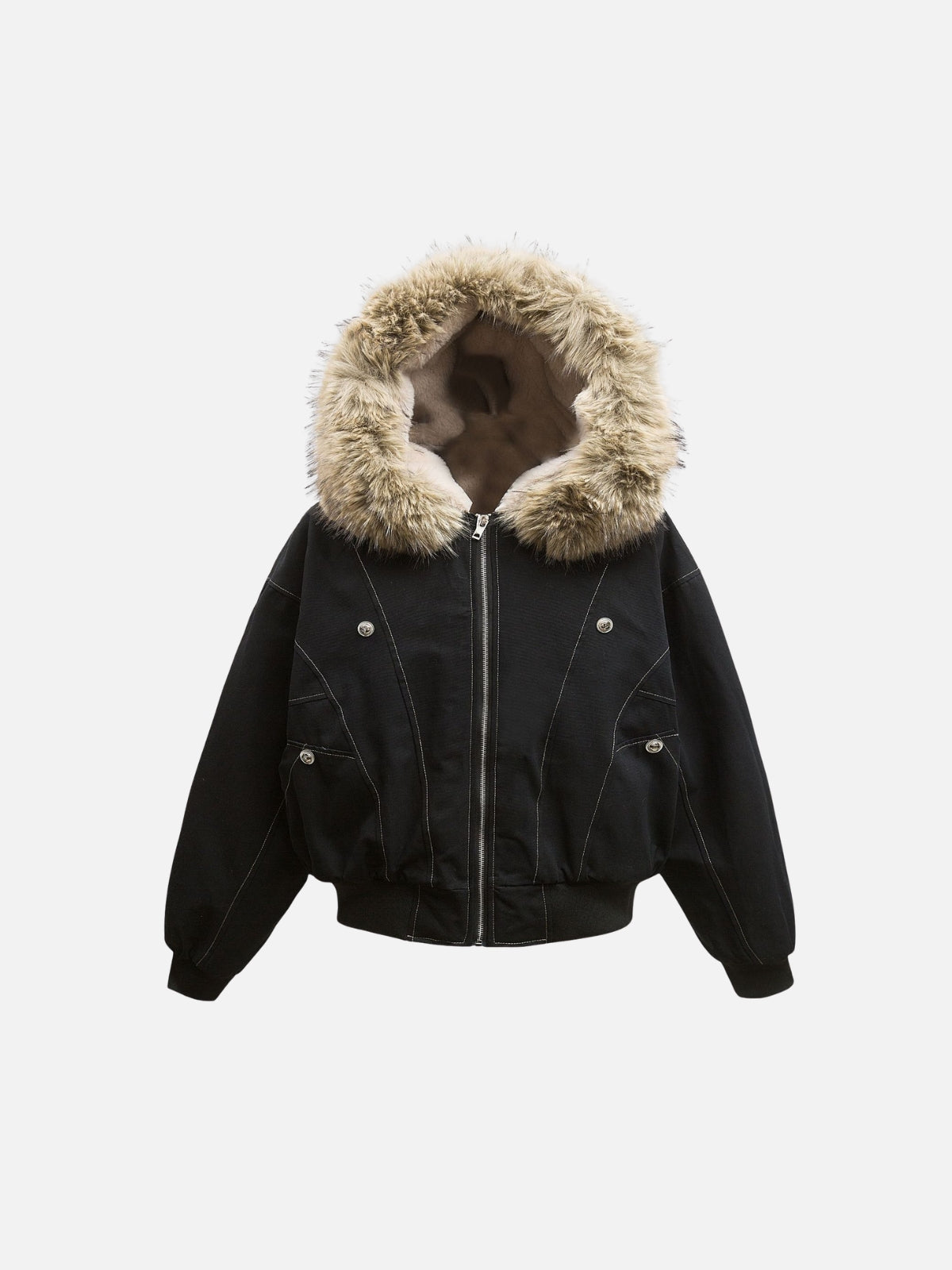 Haaura Faux Fur Trim Contrast Stitch Jacket
