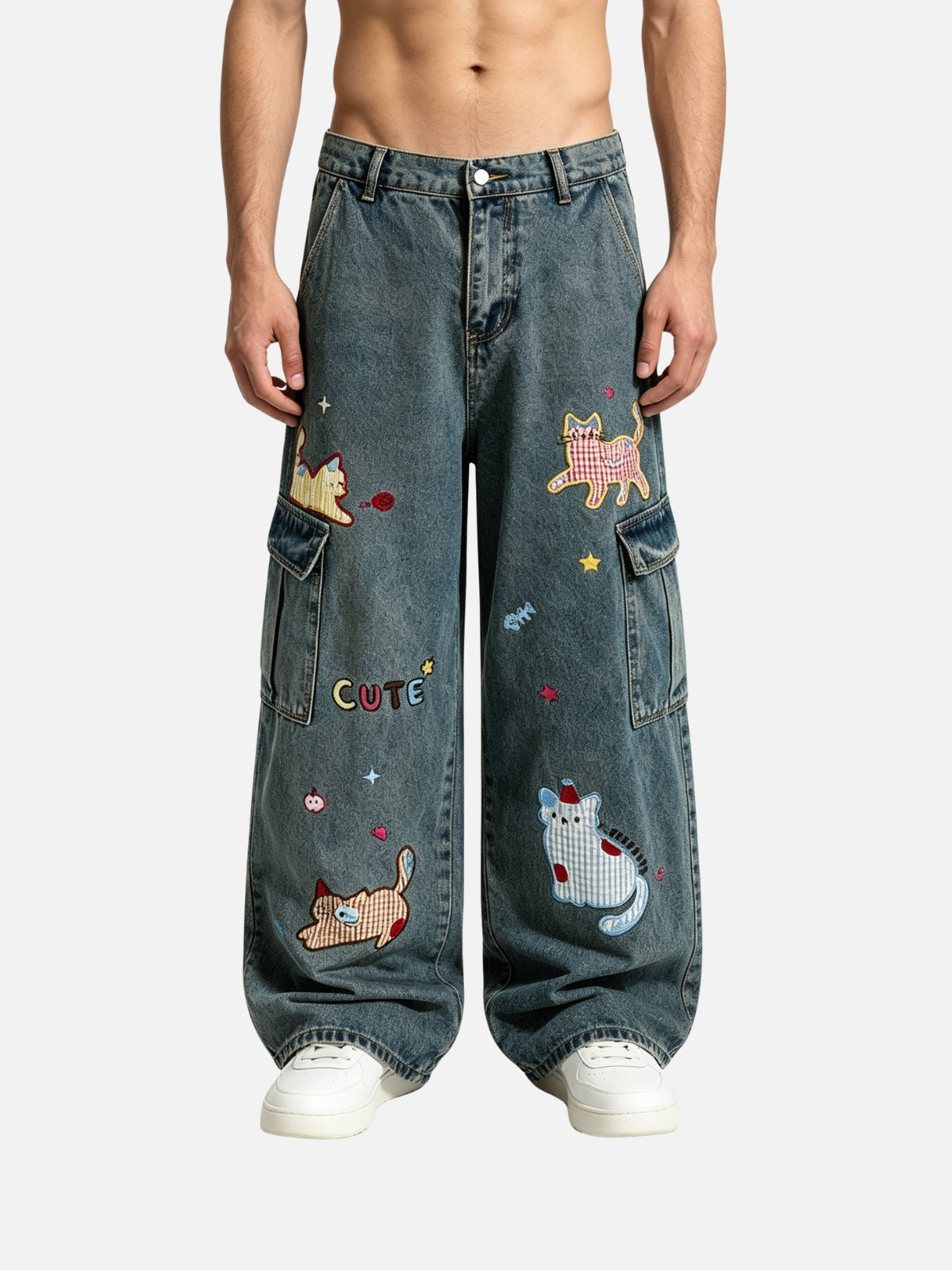Haaura Cat Applique Baggy Cargo Jeans