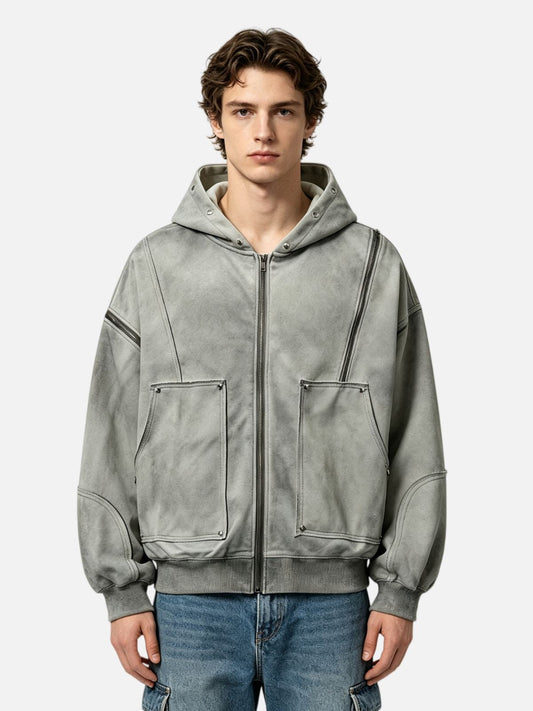 Haaura Boxy Washed Diagonal Zip Studded Hoodie