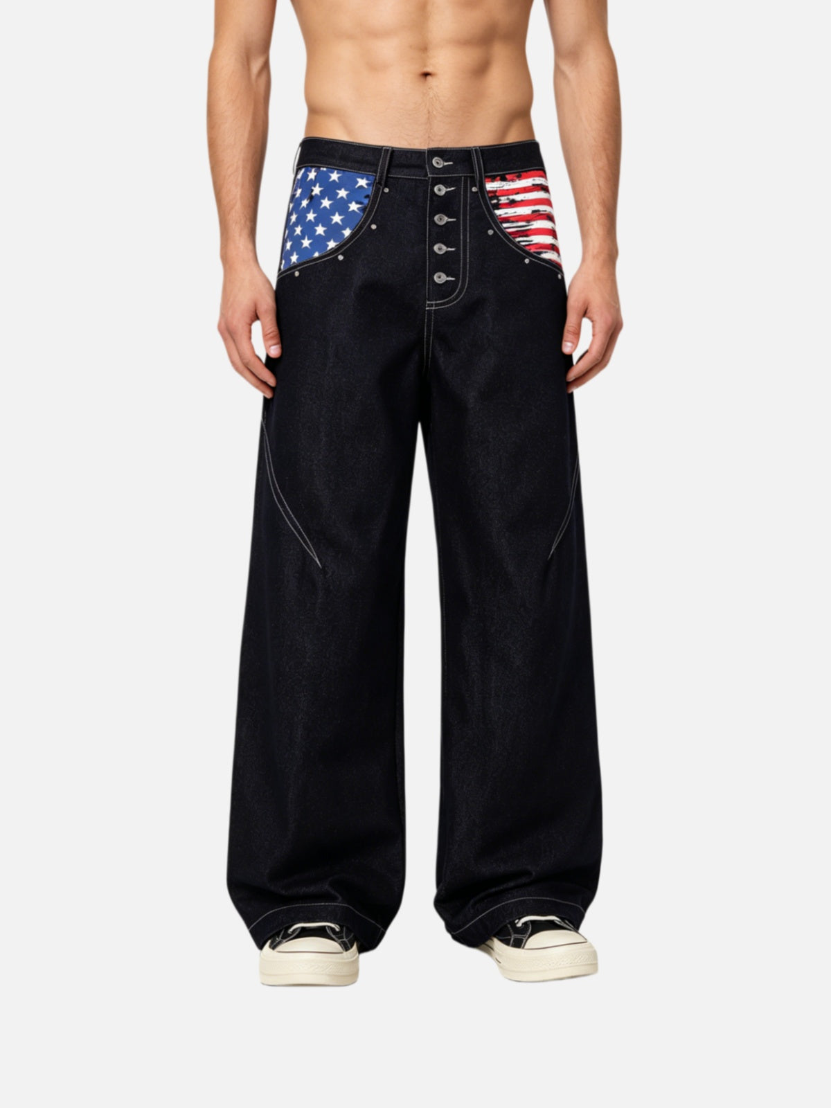Haaura Flag Graphic Pocket Button-Fly Baggy Jeans