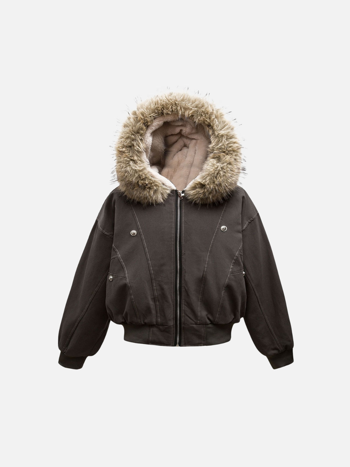 Haaura Faux Fur Trim Contrast Stitch Jacket