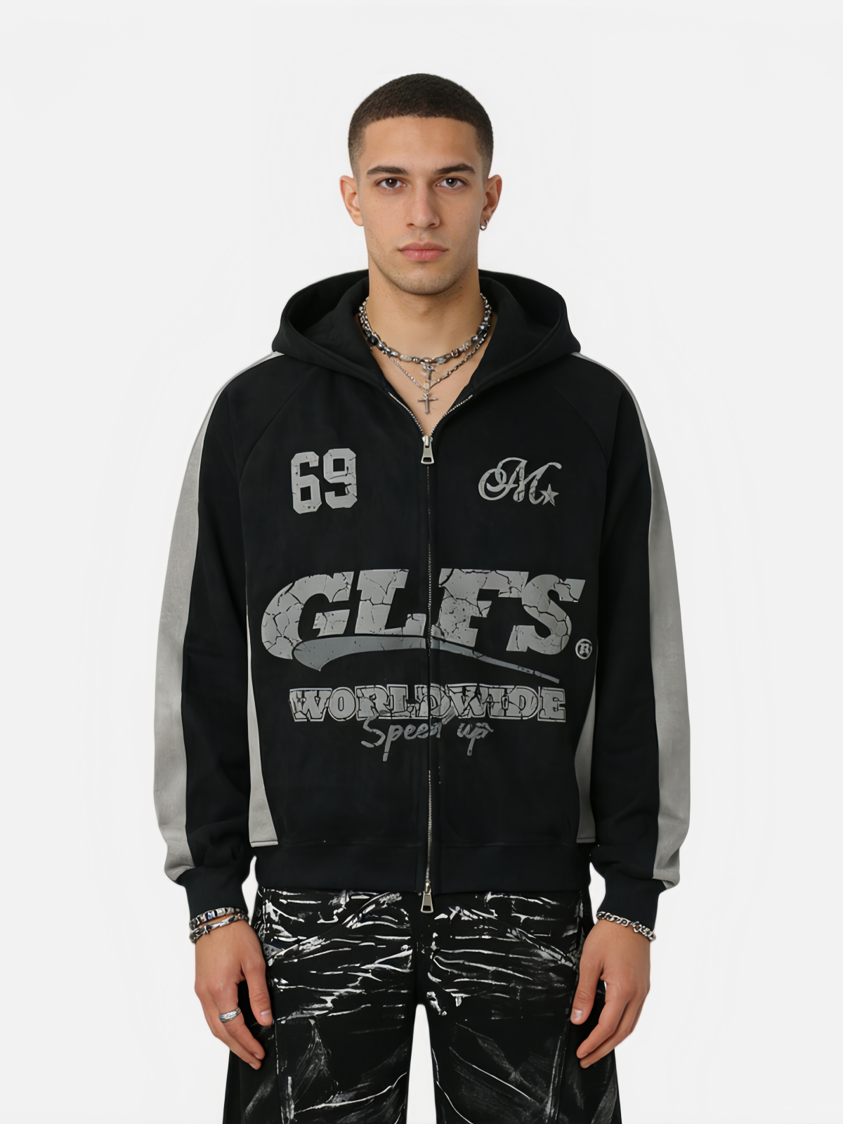 Haaura  Contrast Sleeve Distressed Graphic Boxy Zip Up Hoodie
