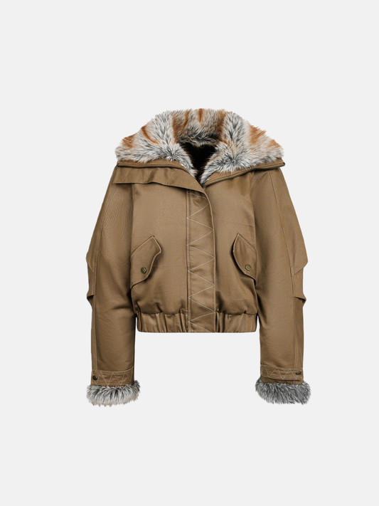 Haaura Brown Quilted Faux Fur-Trim Short Puffer Jacket