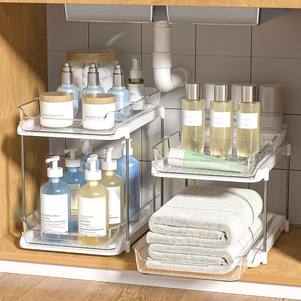 2-Pack 2-Tier Pull-Out Bathroom & Kitchen Organizers – Clear Acrylic Storage Drawers with 8 Movable Dividers, Stackable Cabinet Organizer for Under Sink, Pantry & Vanity