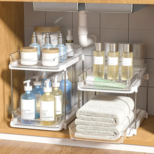 2-Pack 2-Tier Pull-Out Bathroom & Kitchen Organizers – Clear Acrylic Storage Drawers with 8 Movable Dividers, Stackable Cabinet Organizer for Under Sink, Pantry & Vanity