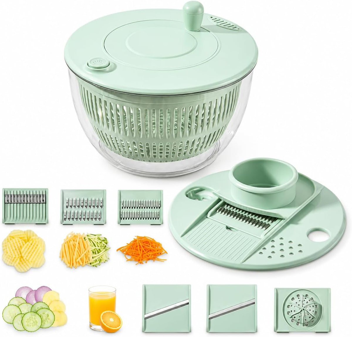 6-in-1 Salad Spinner & Vegetable Slicer – 5.3 QT Large Capacity Food Prep Bowl with 5 Blades, One-Touch Stop, Egg Separator & Citrus Juicer