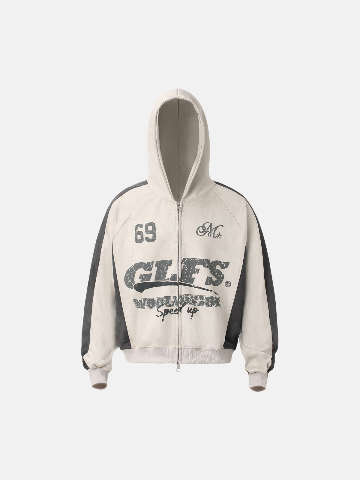 Haaura  Contrast Sleeve Distressed Graphic Boxy Zip Up Hoodie