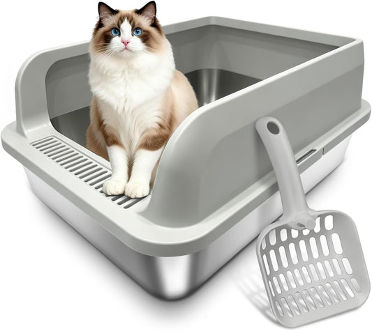 Stainless Steel Cat Litter Box with Lid, High-Sided Enclosed Litter Pan with Low Entry, Removable Cover, Litter Scoop & Non-Slip Stickers, Easy-Clean Design for Kittens and Cats