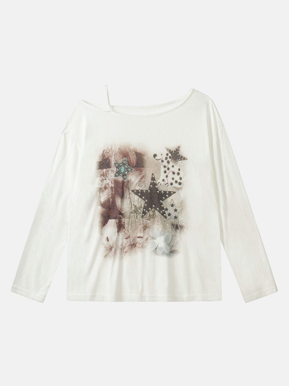 Haaura Star Collage Off-The-Shoulder Long Sleeve Tee