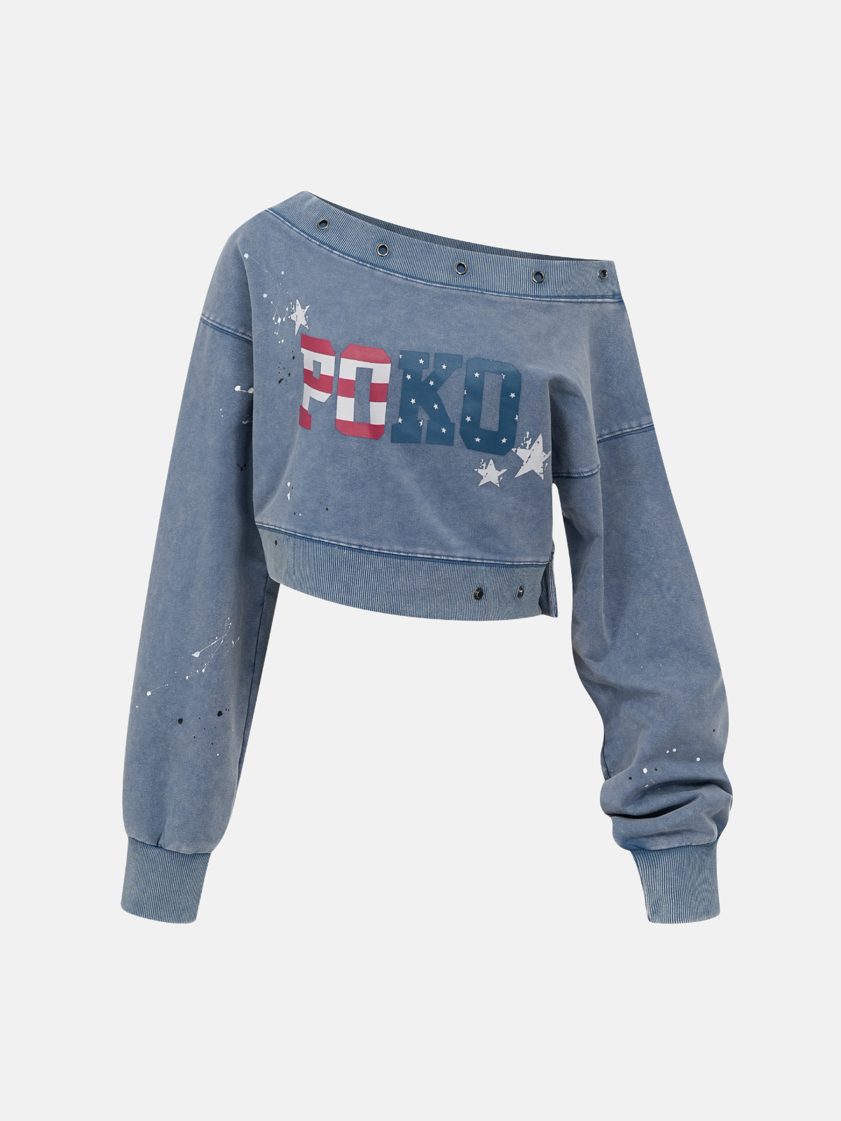 Haaura Star Splatter Metal Stud Off-Shoulder Cropped Sweatshirt