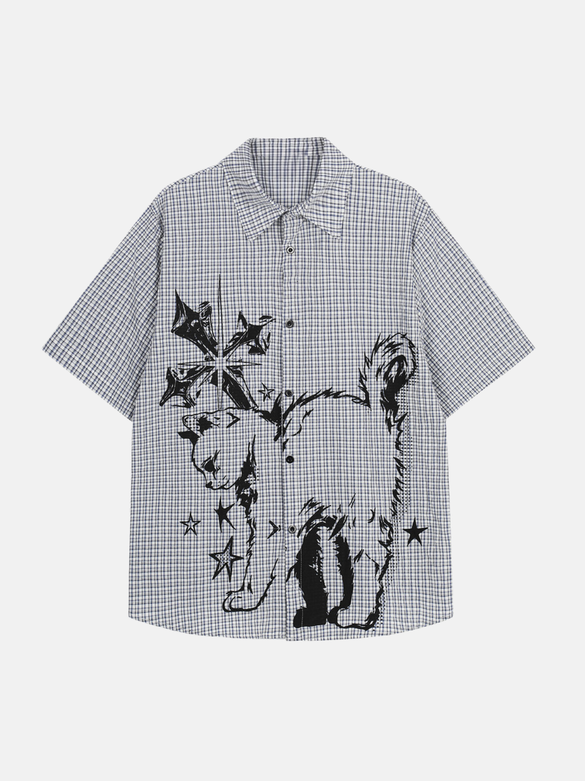 Haaura Cat Sketch Plaid Short Sleeve Shirt