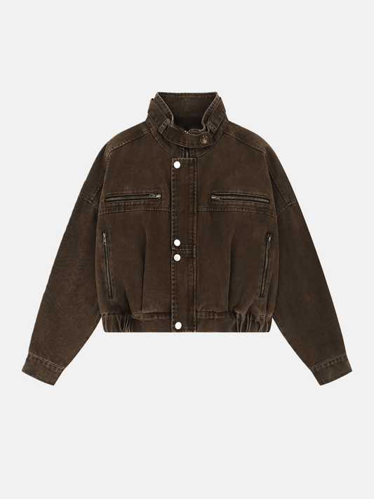 Haaura Button-Front Utility Pocket Cropped Jacket