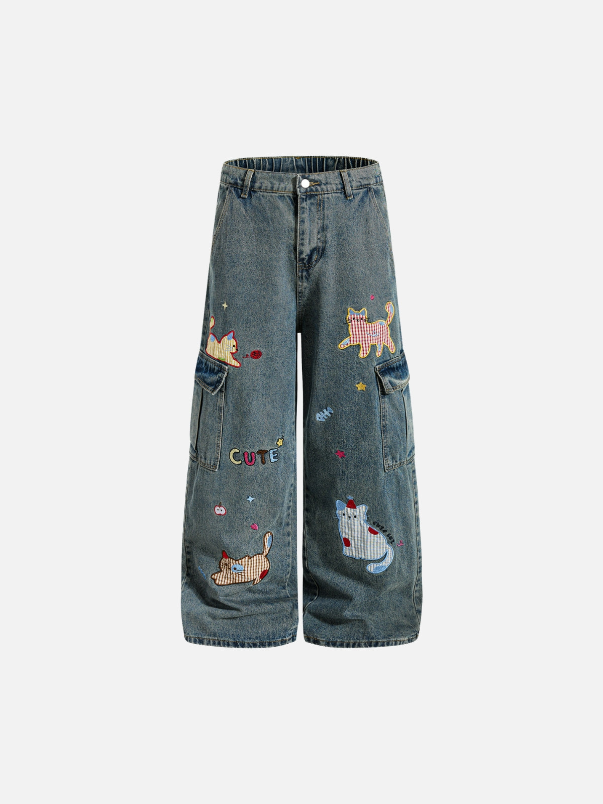 Haaura Cat Applique Baggy Cargo Jeans