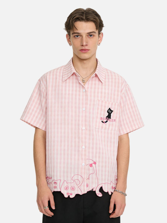 Haaura Cat & Stripes Embroidered Short Sleeve Shirt