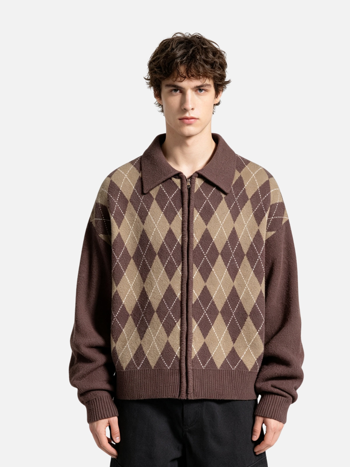 Haaura Argyle Zip Up Cardigan