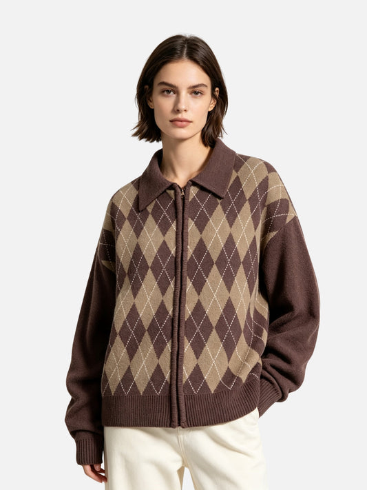 Haaura Argyle Zip Up Cardigan