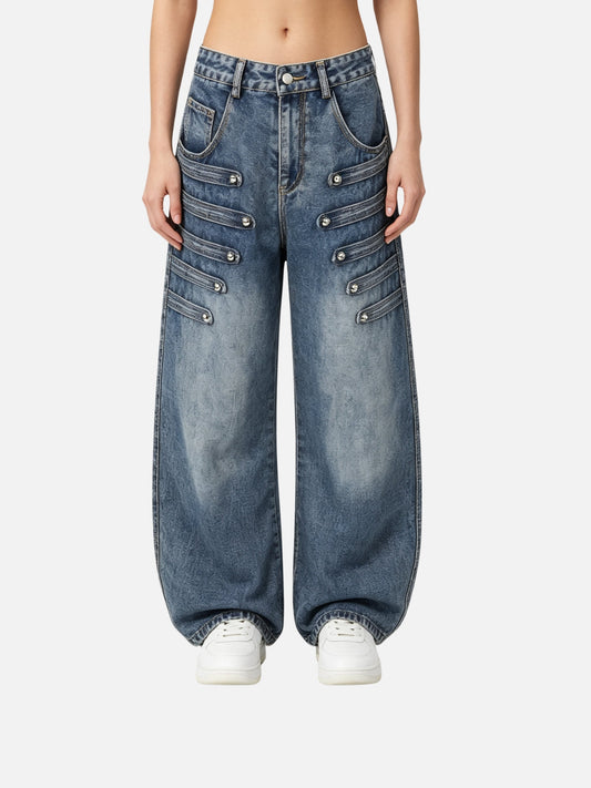 Haaura Buckle Strap Baggy Barrel Jeans