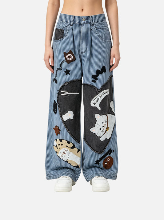 Haaura Cat Patchwork Striped Baggy Jeans