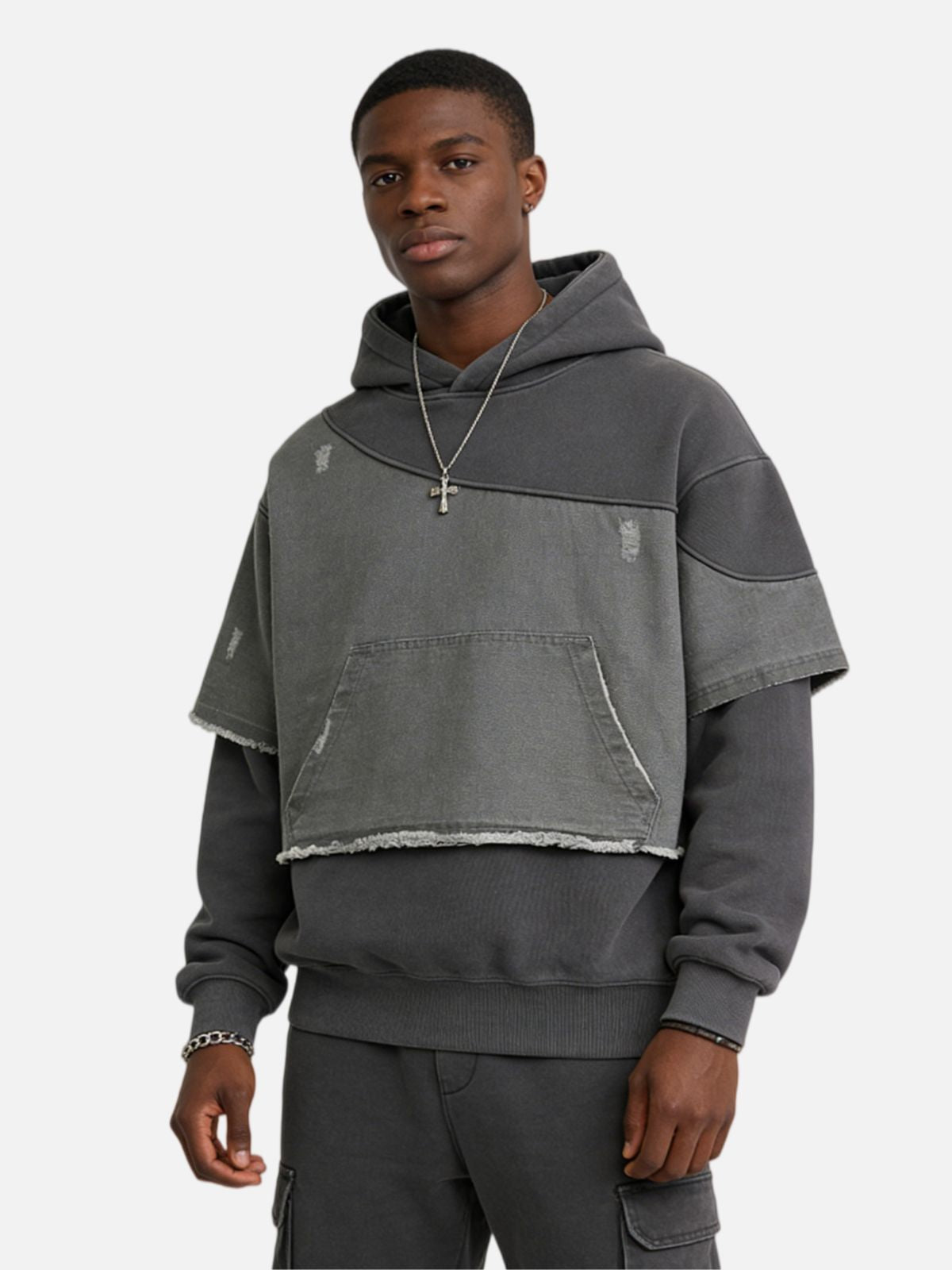 Haaura Oversized Distressed Panel Pullover Hoodie