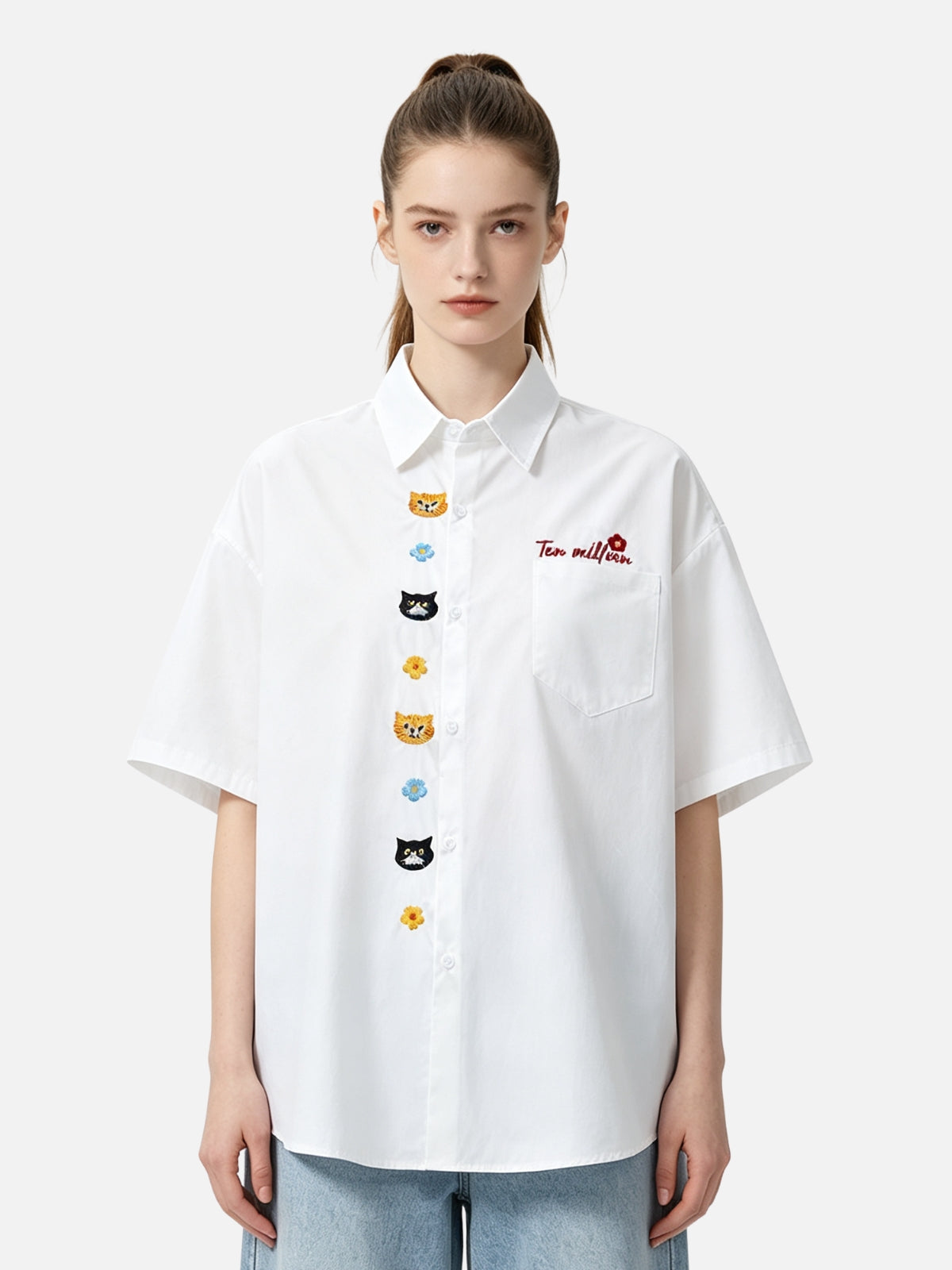 Haaura Cat Floral Embroidered Shirt