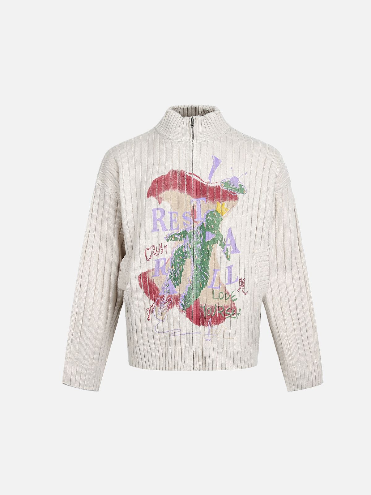 Haaura Graffiti Apple Print Zip-Up Knit Cardigan