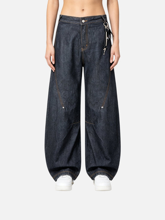 Haaura Contrast Stitch Buckle Baggy Barrel Jeans