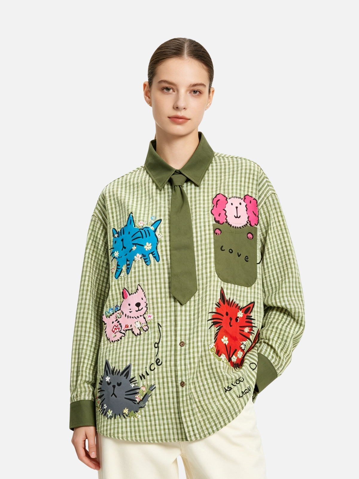 Haaura Animal Patch Plaid Tie Neck Shirt